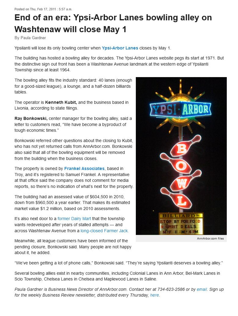 Ypsi-Arbor Lanes - Feb 2011 Article On Demo (newer photo)